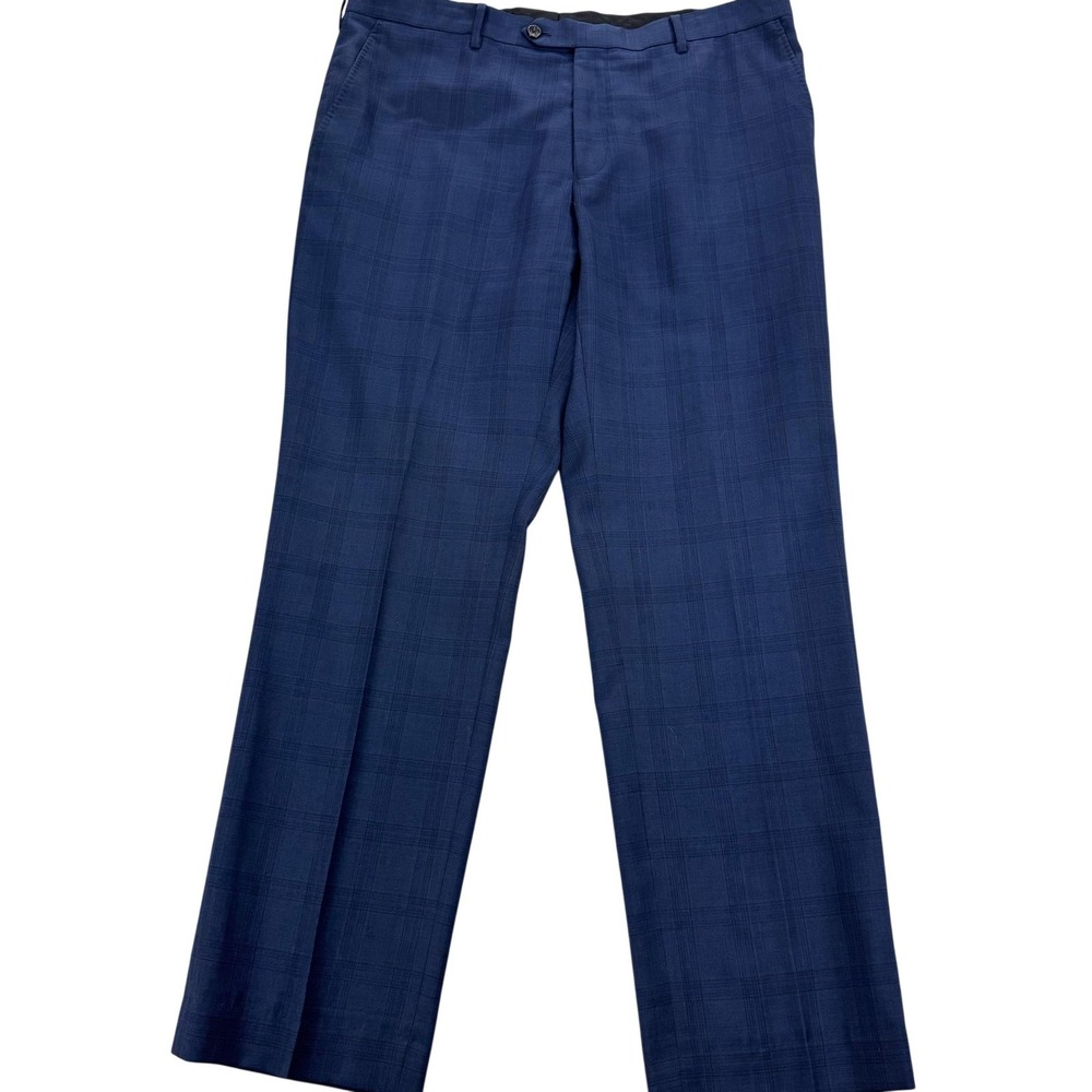 Spier & Mackay Dress Pants Mens 38x32 Blue Plaid Wool Flat Front Preppy Office